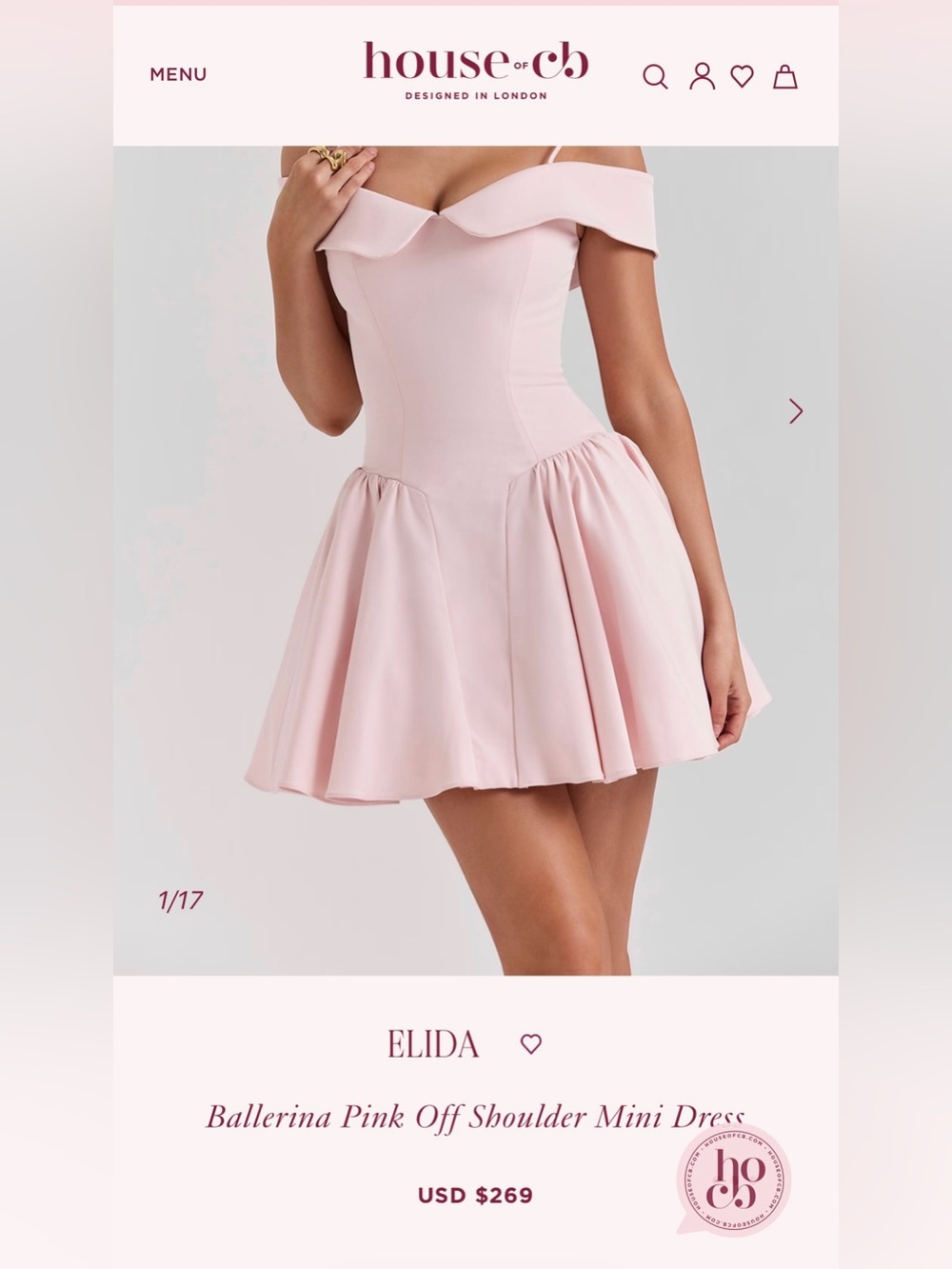 NWOT small House of CB Elida Off-Shoulder Mini Dress in🩰 Pink-fuller bust -tall